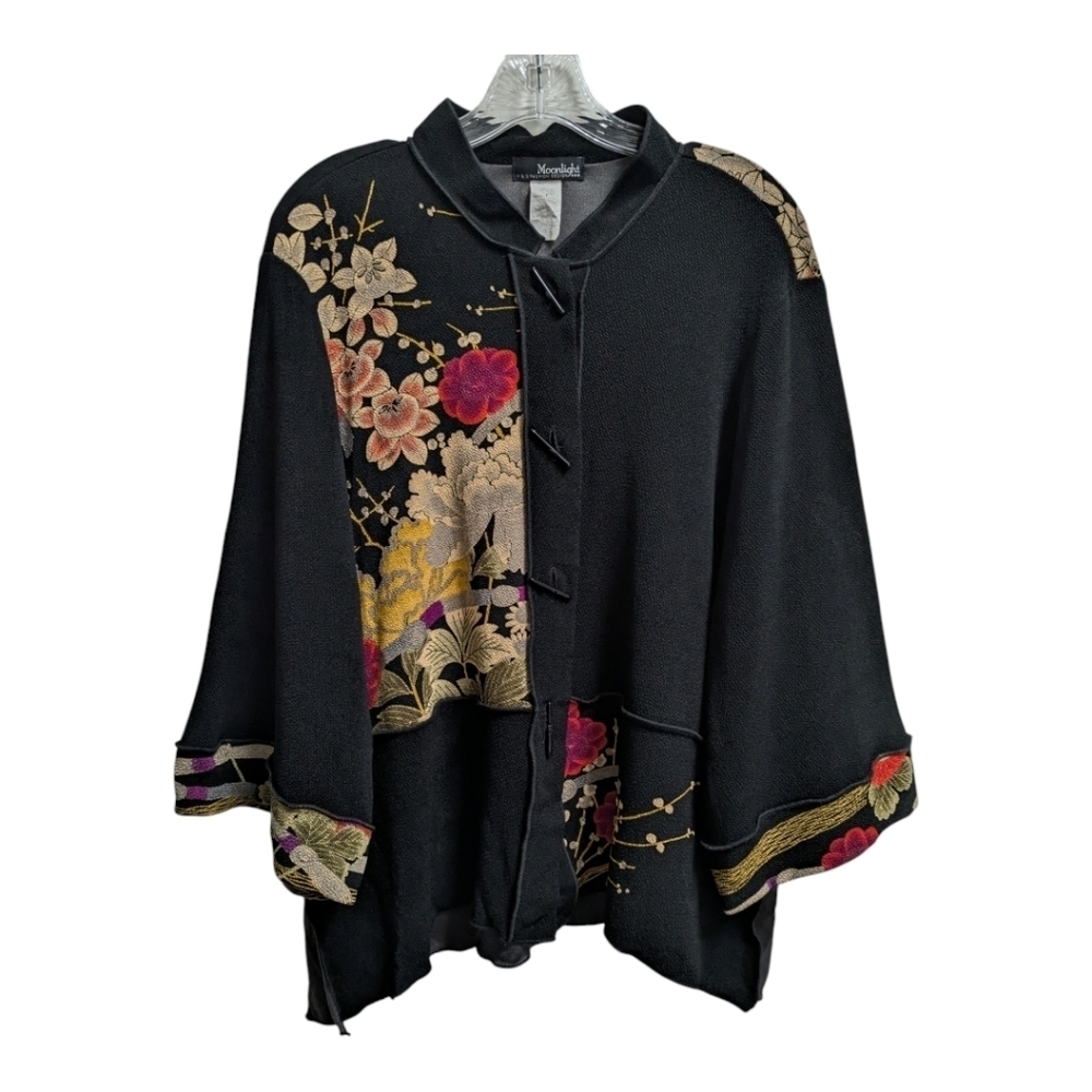 MOONLIGHT JACKET ASIAN GARDEN black floral kimono style art to wear - Picture 2 of 10